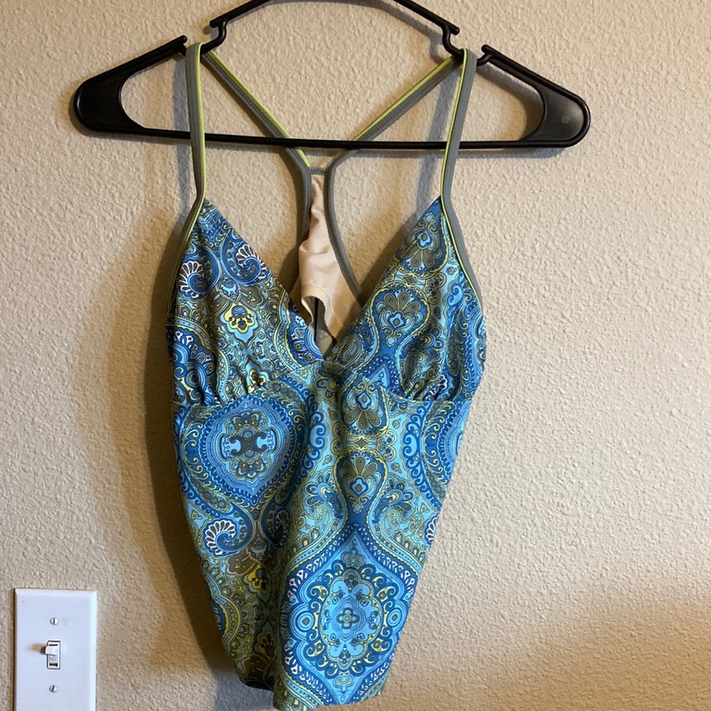 Athleta Blue and Green Paisley One-Piece Swim